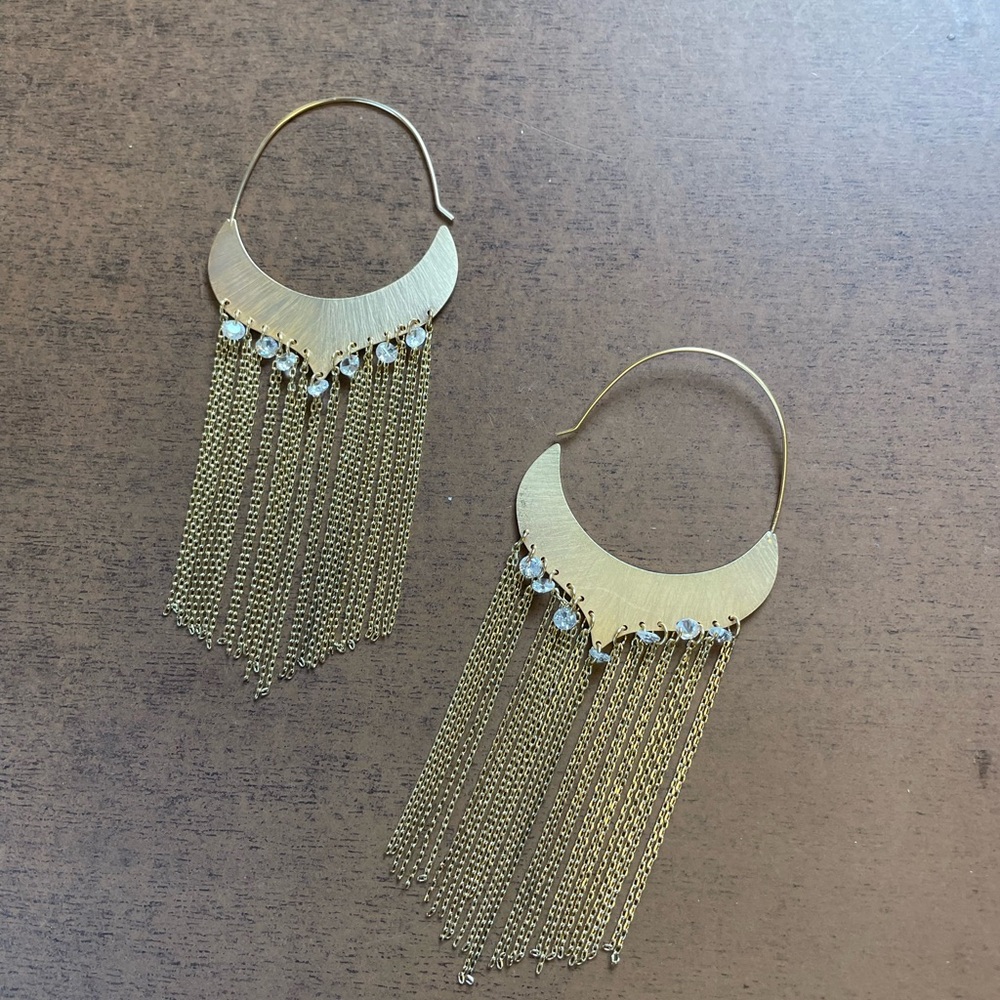 Anthropologie Gold Fringe Hoop Earrings with Clear Stones